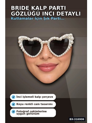 Bride Kalp Parti Gözlüğü Inci Detaylı Beyaz Siyah Camlı Bekarlığa Veda Aksesuarı BX-316906