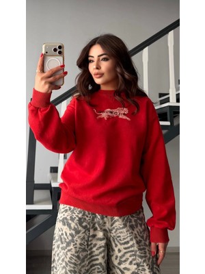 Elisin Kırmızı Yıkamalı Leopar Kabartma Detaylı Sweatshirt