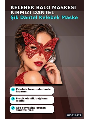 Kelebek Balo Maskesi Kırmızı Dantel Işlemeli Yarım Yüz Kostüm Parti Aksesuarı BX-316921