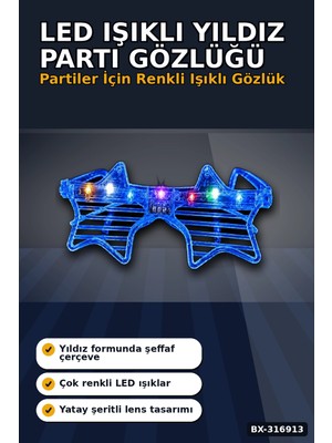 Mavi Yıldız Parti Gözlüğü LED Işıklı Şeffaf Çerçeveli Festival Aksesuarı BX-316913