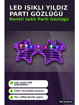 Parti Gözlüğü LED Işıklı Yıldız Tasarım Mor Şeffaf Çerçeve Yetişkin Aksesuarı BX-316914