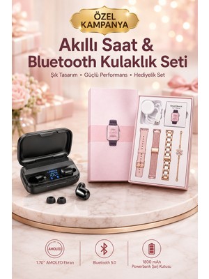 Dmtk- Badm- Aksesuar Hediyeli Akıllı Saat ve Dijital Göstergeli Powerbankli Bluetooth Kulaklık -