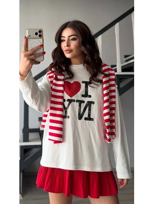 Elisin Beyaz I Love Ny Baskılı Basic Sweatshirt