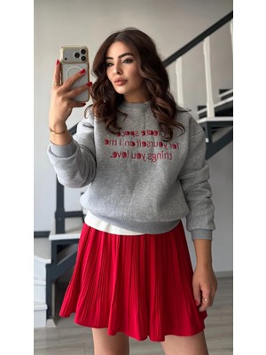 Elisin Gri Melanj Kırmızı Yazı Baskılı Sweatshirt