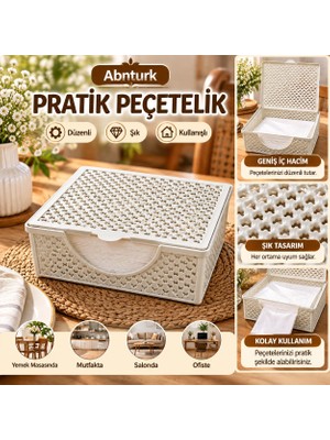 Abnturk Krem Renk 18X18X7CM Masaüstü Pratik Peçetelik Kapaklı Şık Tasarımlı Dekoratif Peçete Selpak Kutusu Organizeri