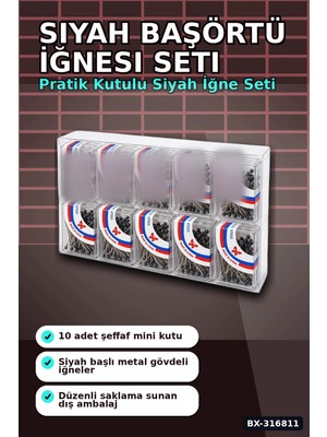 Siyah Başörtü Iğnesi 1000 Adet, Şeffaf Plastik Saklama Kutulu Eşarp Iğne Seti BX-316811