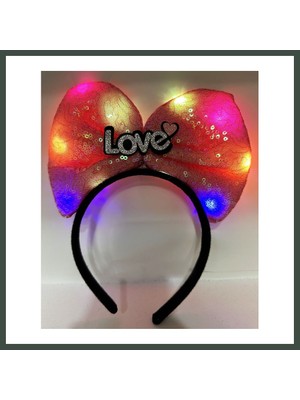 Bezos LED Işıklı 3 Farklı Fonksiyonda Yanan Gümüş Love Yazılı Fuşya Pembe Fiyonk Taç 20X17 cm Nhr