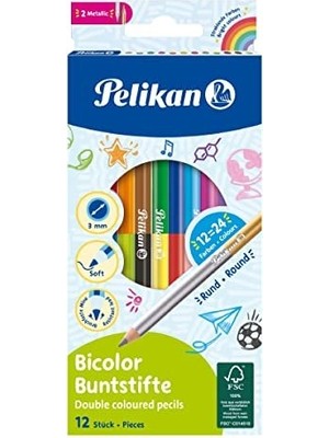 700146 12 Bicolor-Renkli Kalem, 24 Renkli, Yuvarlak, Her Uçlar ile 2 Farklı Renkteki, Parlak Renkli