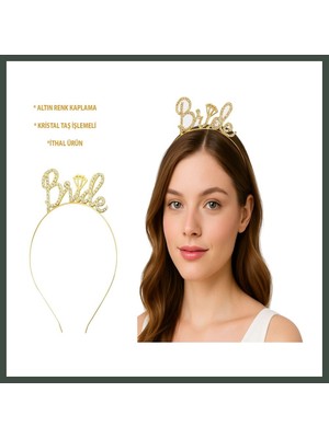 Bezos Altın Renkli Taşlı ?bride? Gelin Tacı ? El Yazısı Yazı Tipiyle Nhr