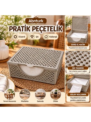Abnturk Bej Renk 18X18X7CM Masaüstü Pratik Peçetelik Kapaklı Şık Tasarımlı Dekoratif Peçete Selpak Kutusu Organizeri
