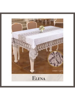 Nexora Living 160X260 cm Elena Model Krem-Gold Keten Işlemeli Dantelli Zarif Masa Örtüsü Nxrlvng