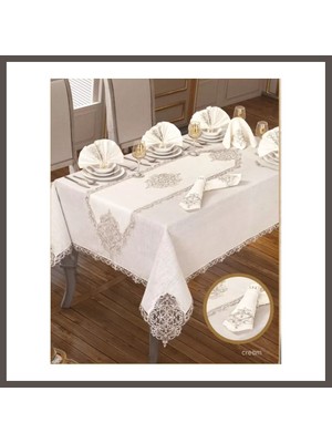 Nexora Living Elegant Linen Krem-Gümüş 12 Kişilik 26 Parça 160 × 260 cm Runner Premium Sofra Masa Takımı Nxrlvng