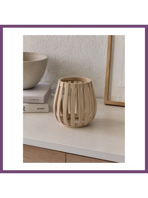 Bezos Japandi Tarzı Lamel Desenli Tealight Mumluk Minimalist Rüzgar Feneri Gambera1