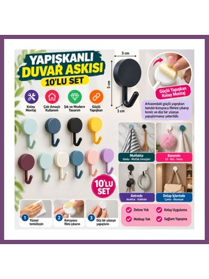 Bezos 10 Lu Plastik Kendinden Yapışkanlı Renkli Askı Seti Gambera1