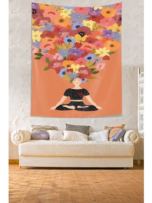 Prime Life Renkli Çiçekler Ile Yoga Yapan Kız Leke Tutmaz Kumaş Duvar Örtüsü Duvar Halısı Tapestry PNTR211, 70 x 70