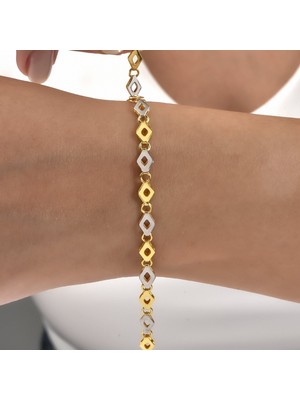 Nox Jewelry 14 Ayar Altın Kaplama 925 Ayar Gümüş Çift Renkli Baklava Dilimi Geometrik Zincir Bileklik - BP00114