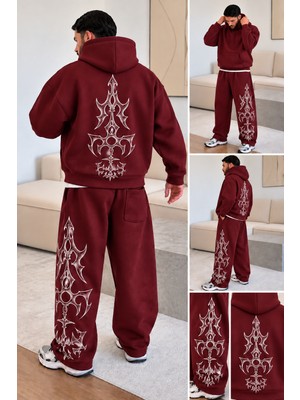 Nuatex 3 Iplik Şardonlu Tiribal Baskılı Premium Baggy Kalıp Alt Kapüşonlu Kanguru Cepli Oversize Sweatshirt Unisex Eşofman Takımı