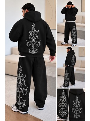 Nuatex 3 Iplik Şardonlu Tiribal Baskılı Premium Baggy Kalıp Alt Kapüşonlu Kanguru Cepli Oversize Sweatshirt Unisex Eşofman Takımı