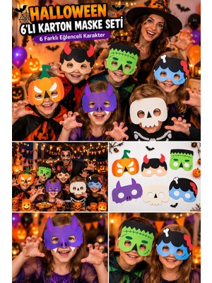 Dodomar Halloween Cadılar Bayramı 6'lı Karton Yüz Maskesi Seti Çocuk Kostüm Partisi Balkabağı ve Iskelet