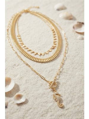 Aslanoğlu Store Pirinç Gold Renk Deniz Atı Objeli Yılan Zincir Detaylı Kadın Kolye Kombini TJ-BKO11268