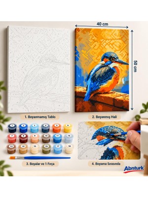 Abnturk 40X50CM Sayılara Göre Boyama Kanvas Tablo-Ahşap Çerçeveli 18 Renkli Boya ve Fırçalı Yalı Çapkını Kuşu temalı Hobi Boyama Seti