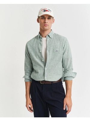 Gant Erkek Yeşil Regular Fit Düğmeli Yaka Çizgili Keten Gömlek