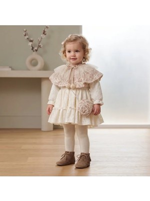 ministok Elena Pelerinli Kız Bebek Elbisesi 3 Parça Elbise - Pelerin- Çanta