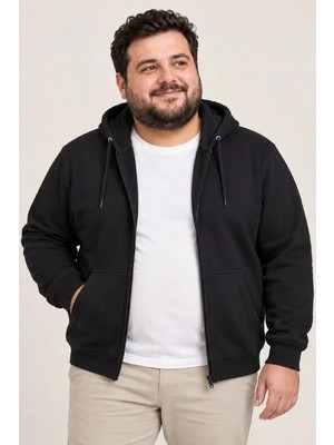 Erkek Battal Büyük Beden Üç Iplik Içi Şardonlu Kapüşonlu Tam Fermuarlı Kışlık Sweatshirt - Siyah