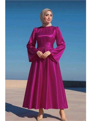 Bezos Saten Kollu Abiye Dik Yaka Uzun Kumaş Tesettür · Renk: Fuşya · Beden: 2xl Gambera1