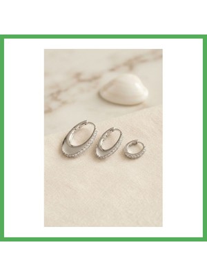 Astraltech Gümüş Renk Oval Halka Model Zirkon Taşlı 3 Lü Küpe Set Bezoss