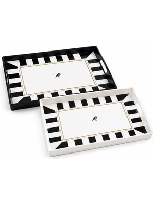Gaga 2'li Servis Tepsisi Seti - 38 x 28 x 3,5 cm Büyük Boy Sunum Tepsisi - Siyah Beyaz Çizgili Desen - Kulplu Plastik Kahvaltı Çay Kahve Ikram Seti - Mutfak Salon Balkon ve Davet Kullanımı