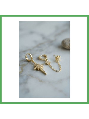 Astraltech 3 Lü Set Küpe Gold Renk Zincir Detaylı Bezoss