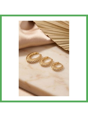 Astraltech Gold Renk Oval Halka Model Zirkon Taşlı 3 Lü Küpe Set Bezoss