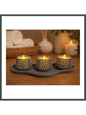 Bezos 3D Baskı Dekoratif Mumluk Seti - Desenli Tealight ve Masaüstü Aydınlatma Objesi-Gri Nhr