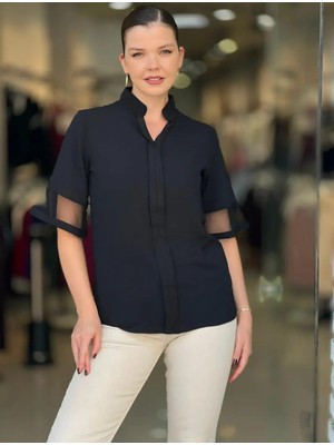 Zy Plus Siyah Hakim Yaka Kısa Kollu Şifon Detaylı Bluz
