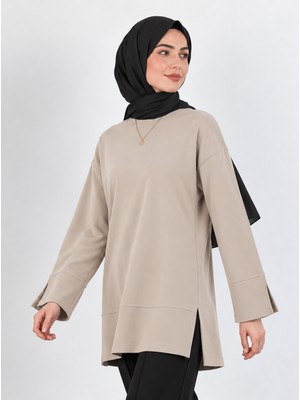 Kadın Taş Oversize Modal Kumaş Yırtmaç Detaylı Bisiklet Yaka Tesettür Tunik