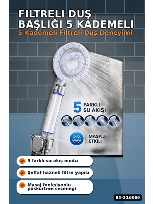 Eco Lounge Filtreli Duş Başlığı 5 Kademeli Masaj Etkili Banyo El Duşu, Krom Detaylı BX-316069