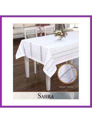 Salmore Sahra Beyaz 160X260 cm Polyester Ajurlu Keten Masa Örtüsü Dantelli Yemek Masası Bty