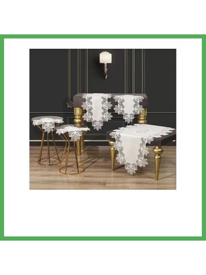 Astraltech Salon Takımı 5 Parça Keten Masa Örtüsü Runner Seti Çeyizlik Kayla Model No 2323 Krem-Krem Bezoss