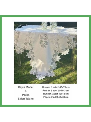 Astraltech Salon Takımı 5 Parça Keten Masa Örtüsü Runner Seti Çeyizlik Kayla Model No 2323 Krem-Krem Bezoss