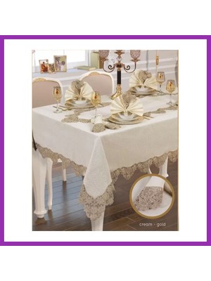 Salmore El Işi Angles Flora 17 Parça 8 KIŞILIK165 × 265 cm Runner Krem-Gold Şık Çeyizlik Masa Takımı Bty