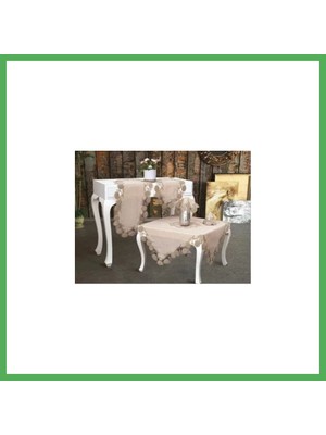 Astraltech Salon Takımı 5 Parça Keten Dantelli Masa Örtüsü Runner Seti Çeyizlik Flowers Model Kapiçino Bezoss