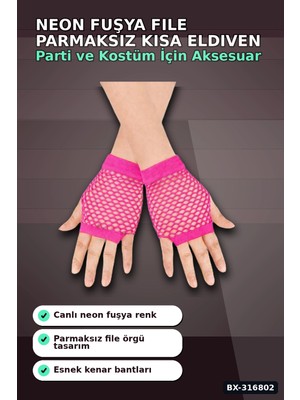 Eco Lounge File Parmaksız Kısa Eldiven 11 cm - Neon Fuşya Pembe 80'ler 90'lar Parti BX-316802