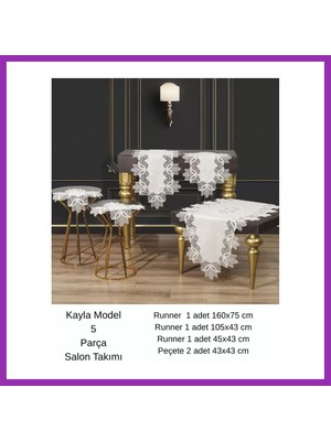 Salmore Salon Takımı 5 Parça Keten Masa Örtüsü Runner Seti Çeyizlik Kayla Model No 22252 Krem-Gümüş Bty