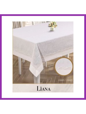 Salmore Keten Masa Örtüsü Tablecloth 160X220 cm Dantel Yemek Masası Örtüsü Liana Model Krem Bty