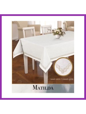 Salmore Keten Masa Örtüsü Tablecloth 155X260 cm Yemek Masası Örtüsü Matilda Model Krem-Gold Bty