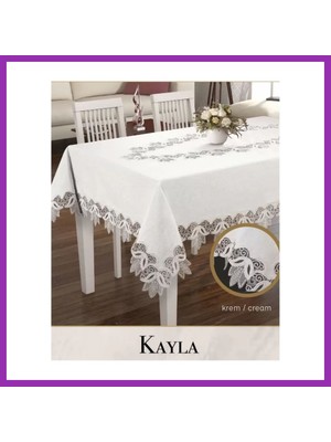 Salmore Keten Dantel Masa Örtüsü Kayla Model 155X220 cm Krem Yemek Masası Dekoratif Bty