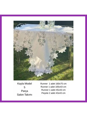 Salmore Salon Takımı 5 Parça Keten Masa Örtüsü Runner Seti Çeyizlik Kayla Model No 22252 Krem-Gümüş Bty