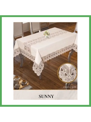 Astraltech 160X260 cm Sunny Krem-Gold Parlak Keten Masa Örtüsü Yemek Masası Dekoru Bezoss