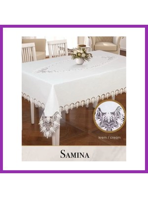 Salmore Gardenya Keten Samina Model 155X260 cm Krem Masa Örtüsü Tablecloth Modern Tasarım Bty